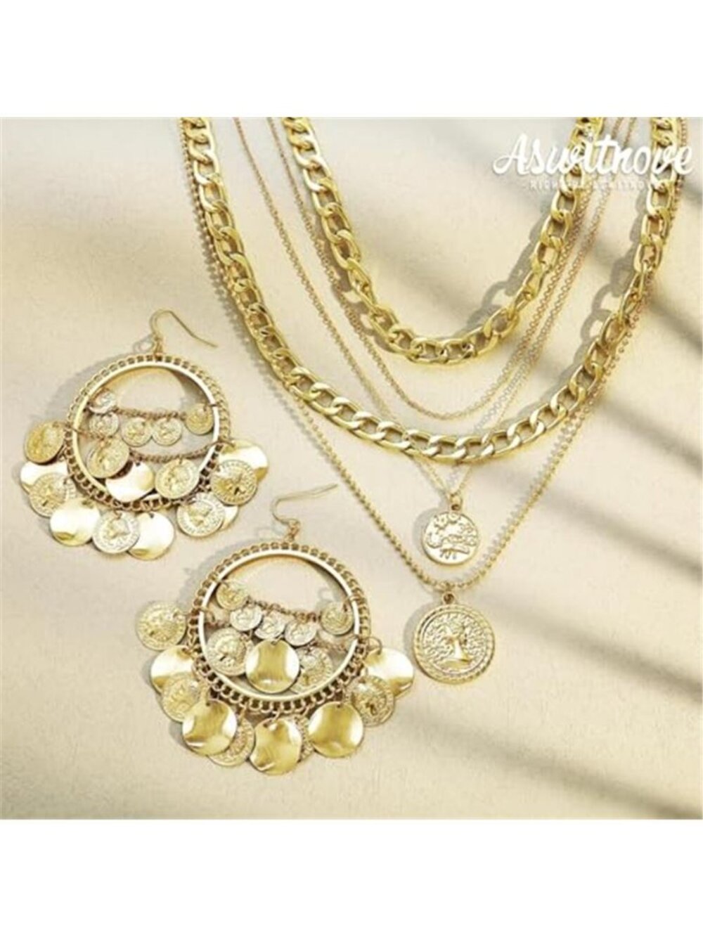 2 Pcs Women's Layered Golden Pirate Necklace Earrings Chunky Chain Layered - Picture 3 of 7